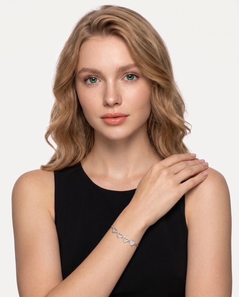 Model wearing Adjustable Slider Bracelet in silver