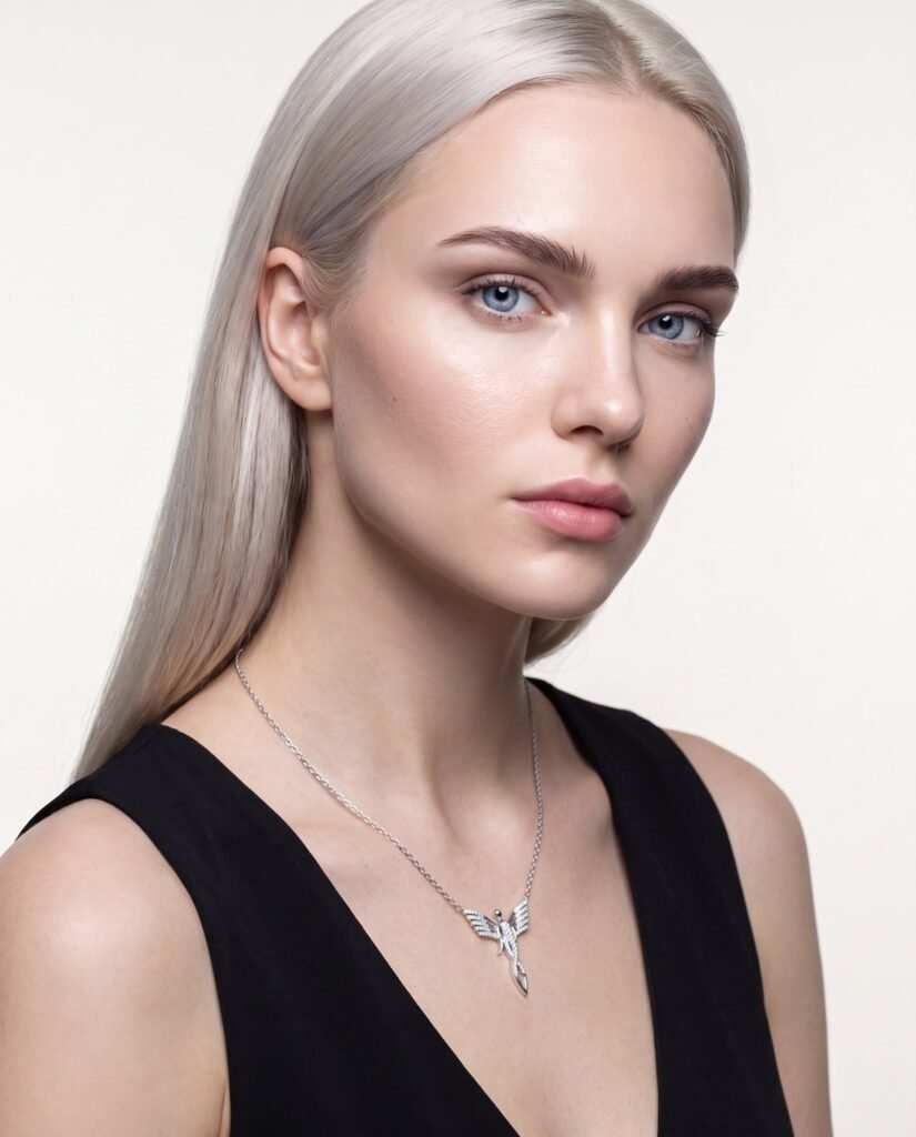 Model wearing Angel Wing Necklace in silver