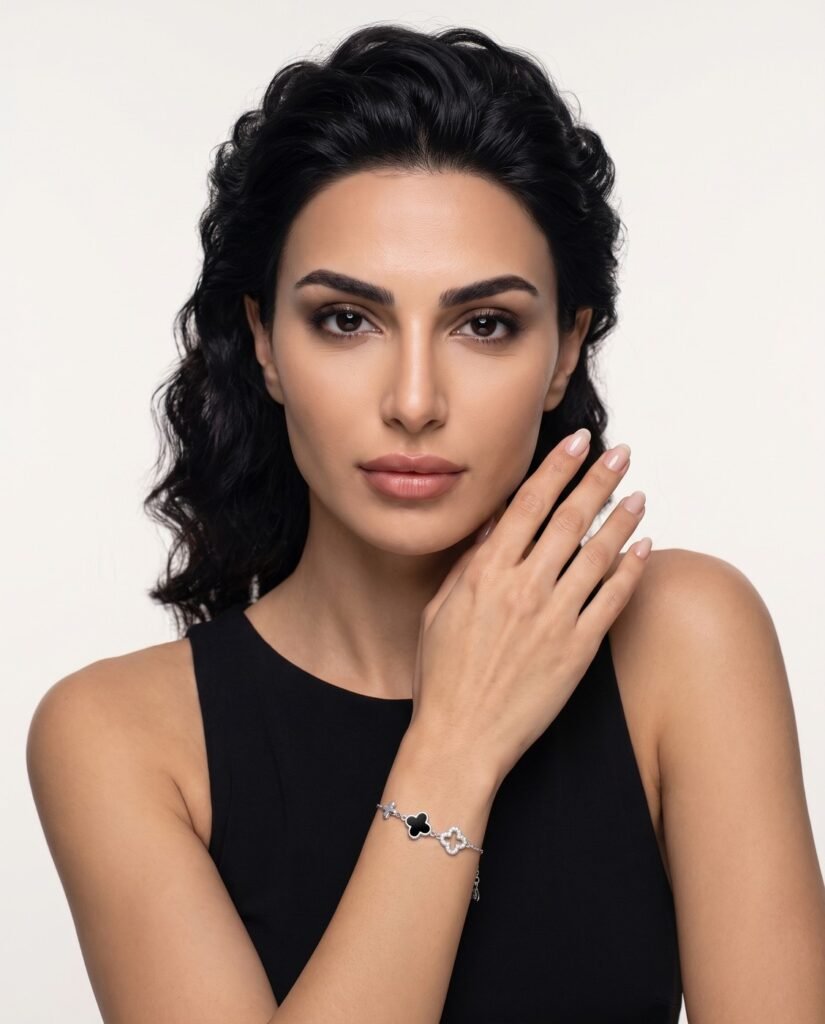 Model wearing Black Clover Bracelet in silver