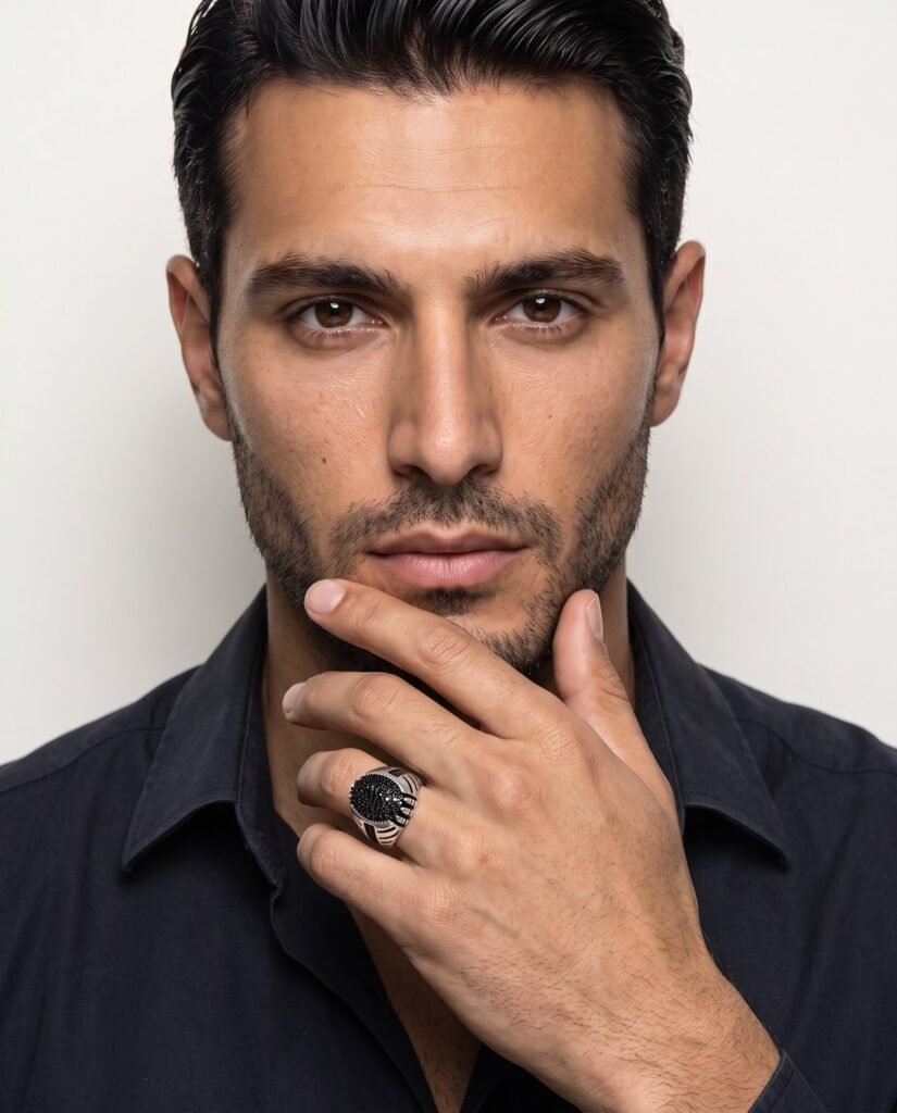 Model wearing Black Eclipse Ring in silver