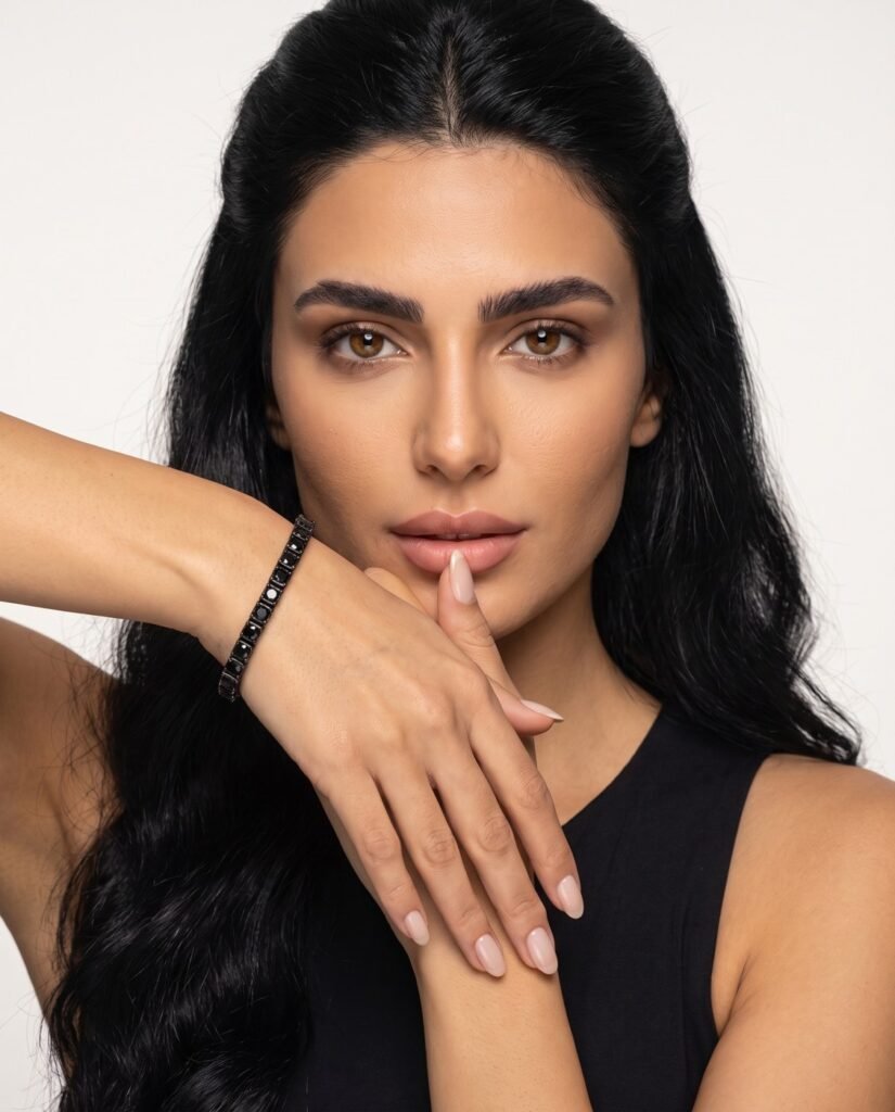 Model wearing Black Onyx Tennis Bracelet in silver