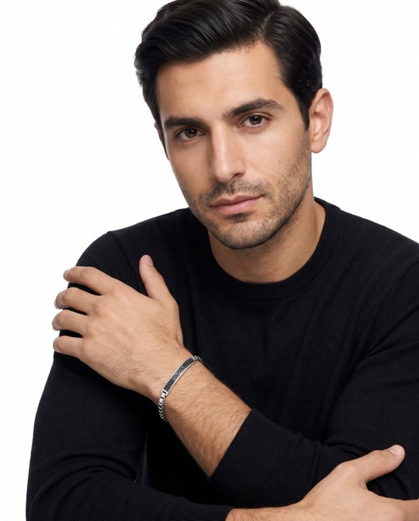 Model wearing Black Pave Box Bracelet in silver