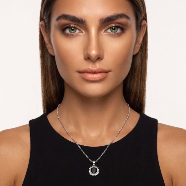 Model wearing Black Solitaire Necklace in silver
