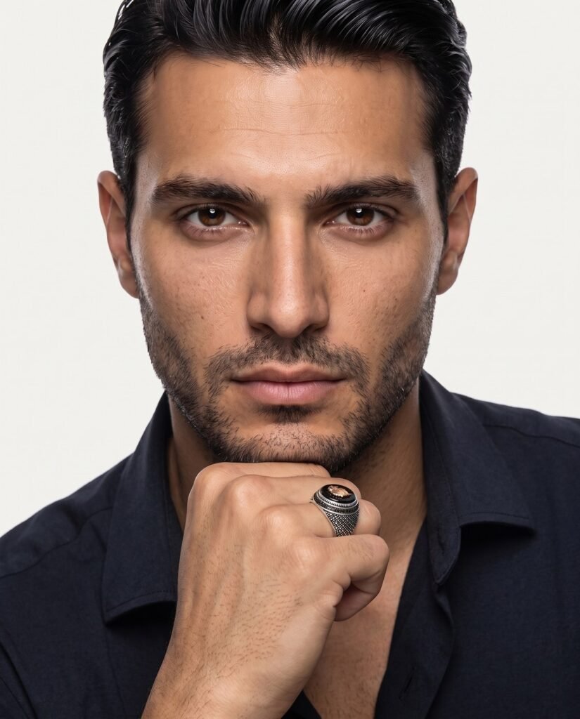 Model wearing Falcon Onyx Ring in silver