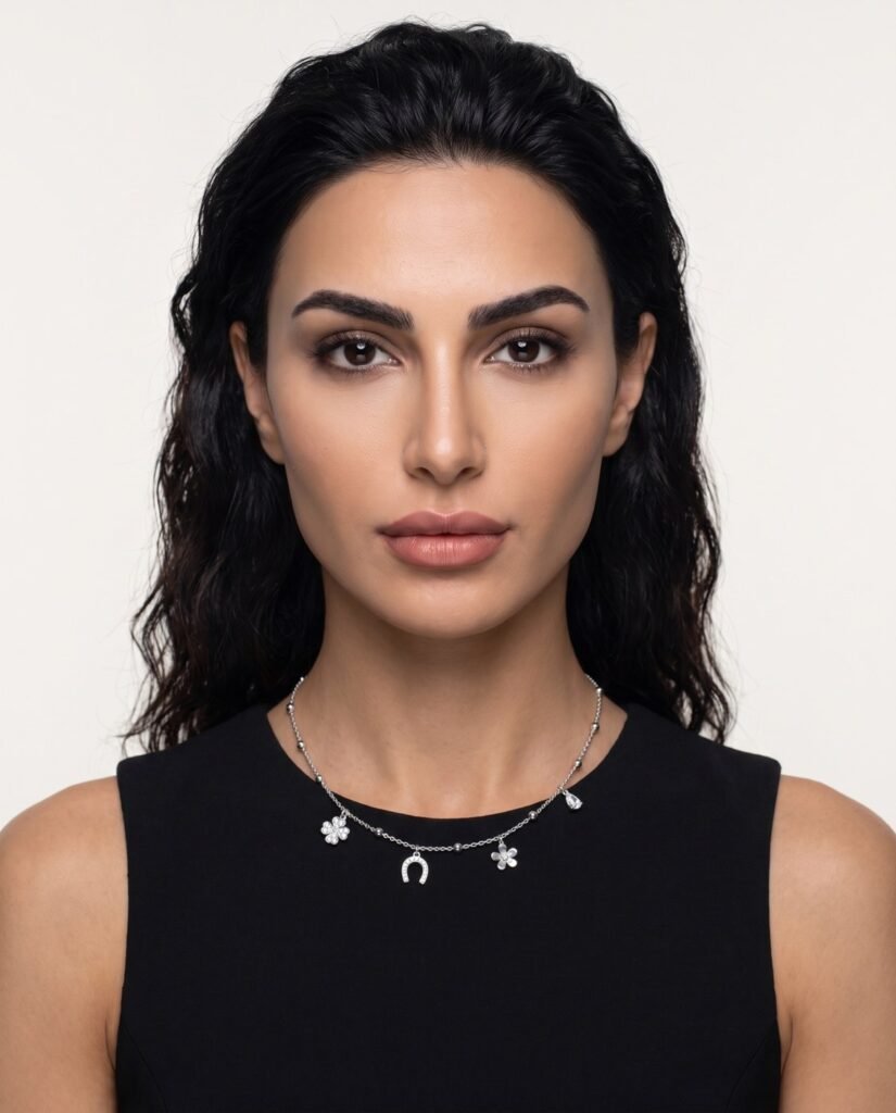 Model wearing Charm Cluster Necklace in silver