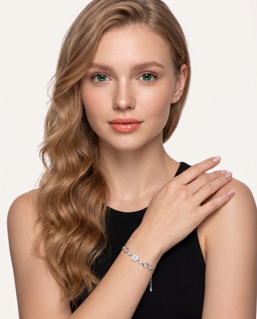 Model wearing Circle Station Bracelet in silver