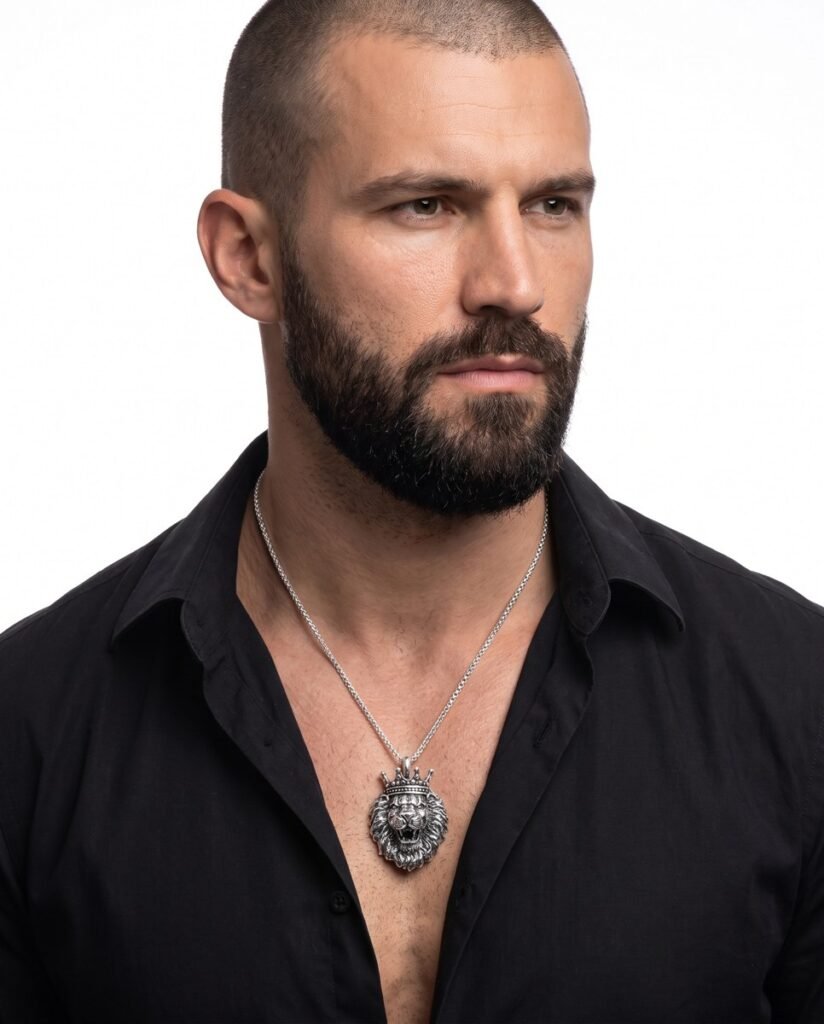 Model wearing Crowned Lion Pendant in silver