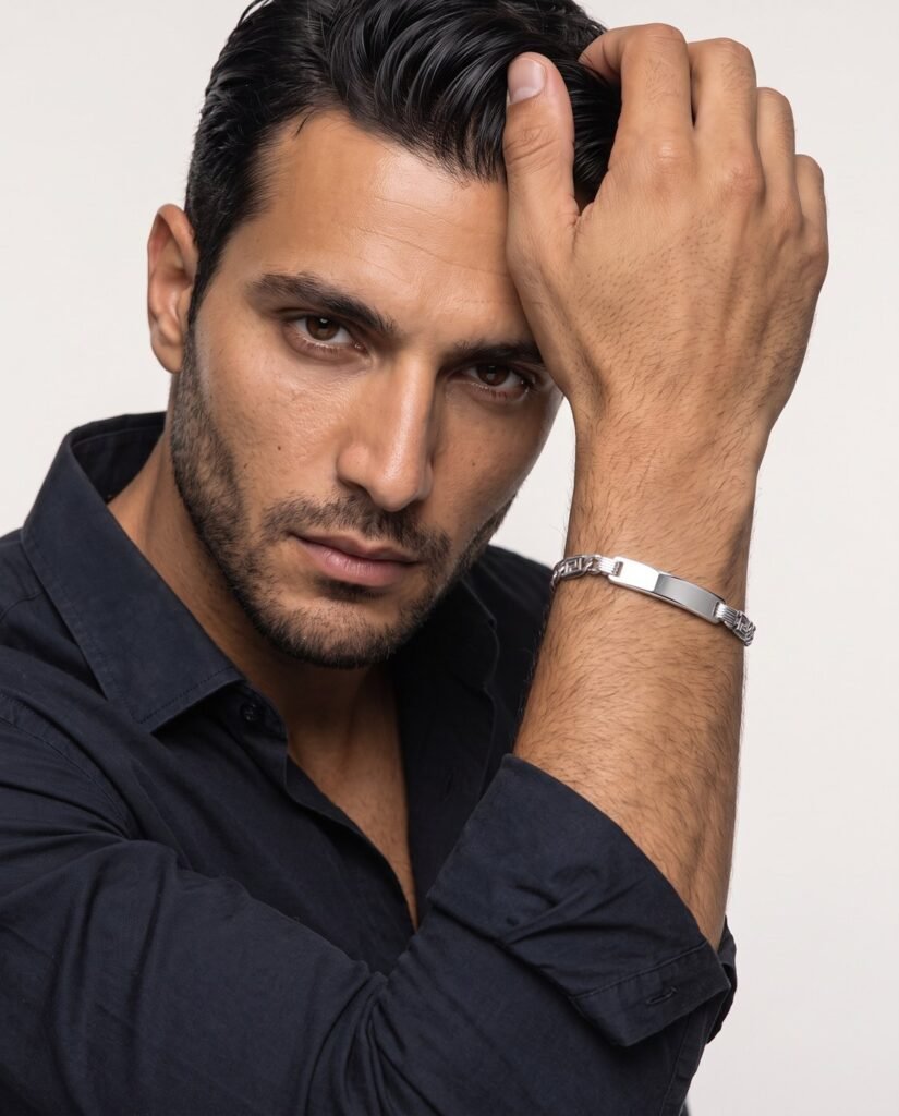 Model wearing Curb ID Bracelet in silver