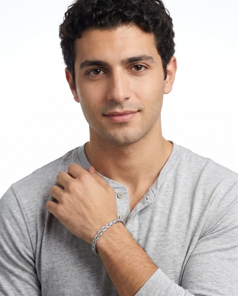 Model wearing Diamond-Cut Curb Bracelet in silver