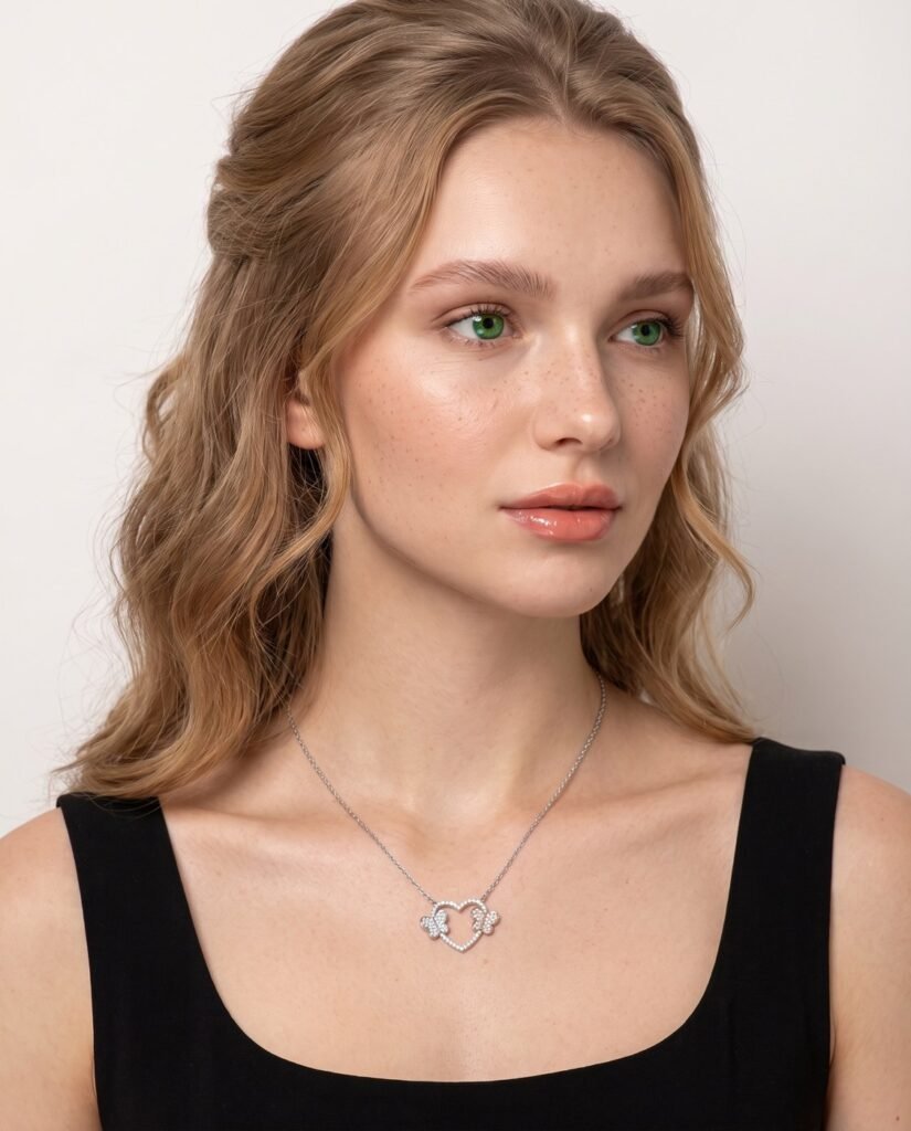 Model wearing Double Heart Necklace in silver