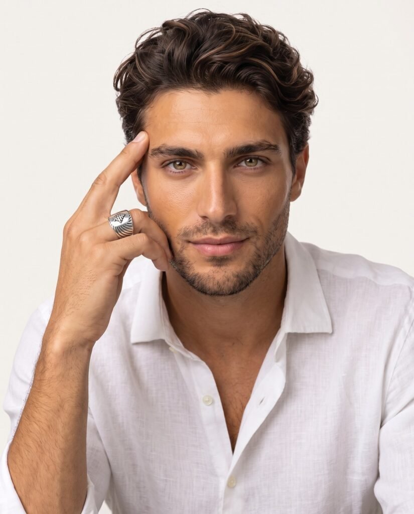 Model wearing Cedar Legacy Ring in silver