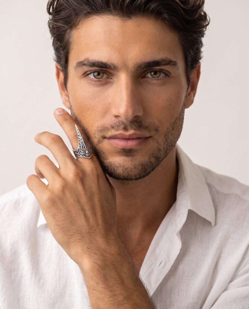 Model wearing Dragon Talon Ring in silver