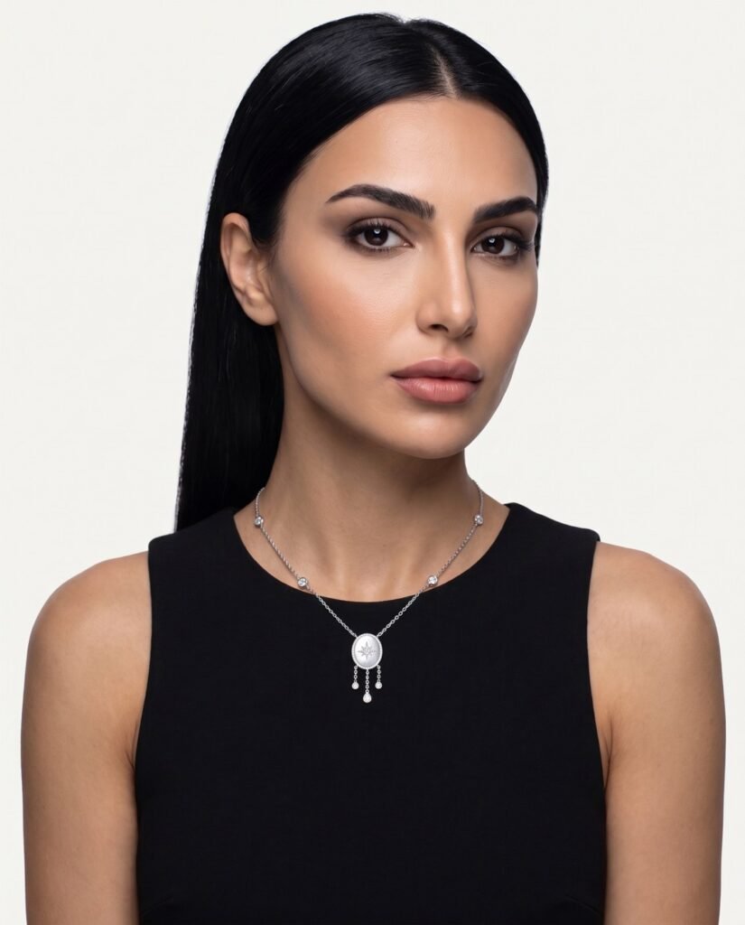Model wearing Dreamcatcher Necklace in silver