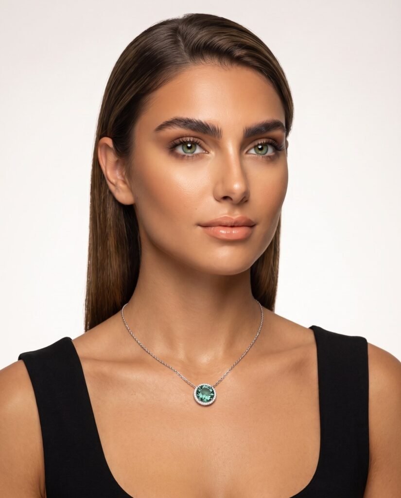 Model wearing Emerald Round Necklace in silver