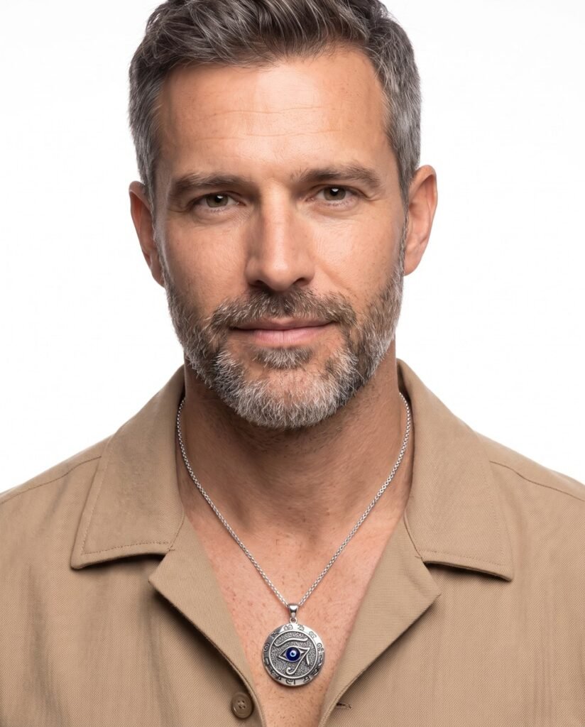 Model wearing Eye of Horus Pendant in silver