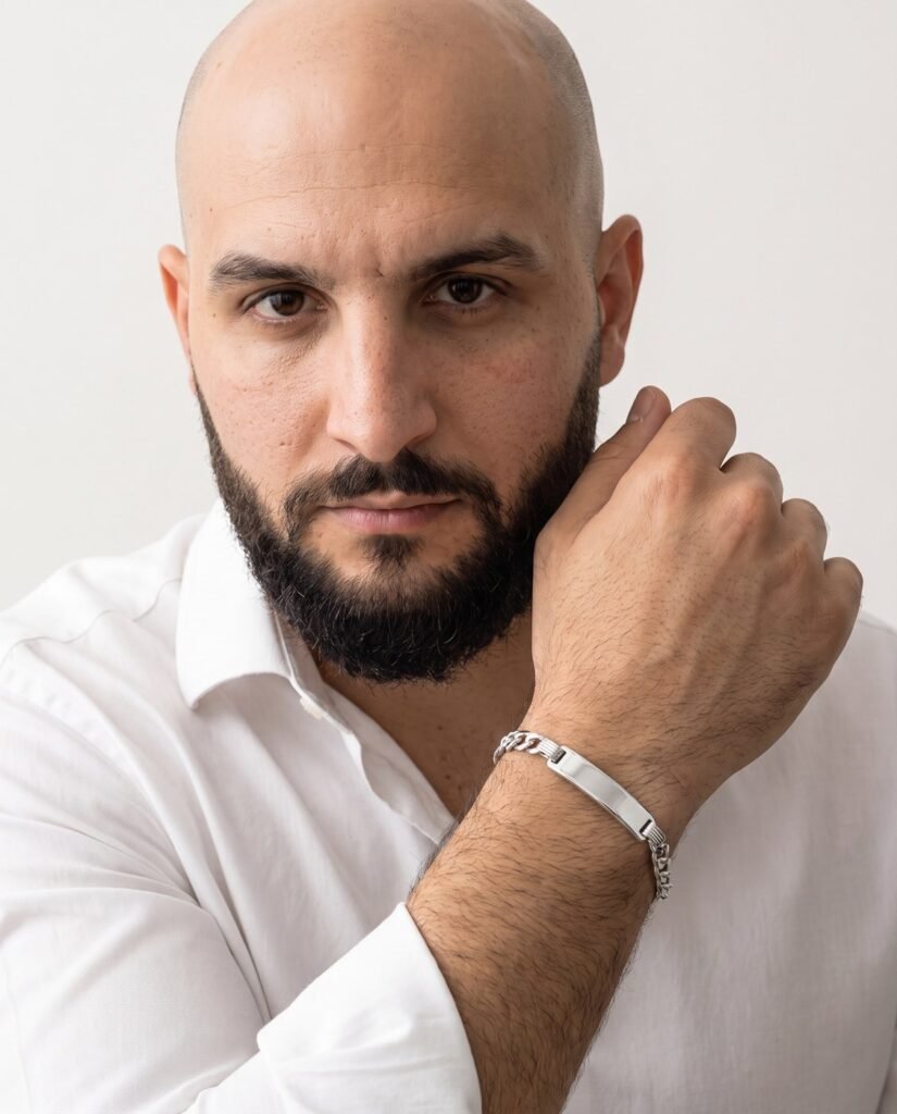 Model wearing Figaro Bar Bracelet in silver