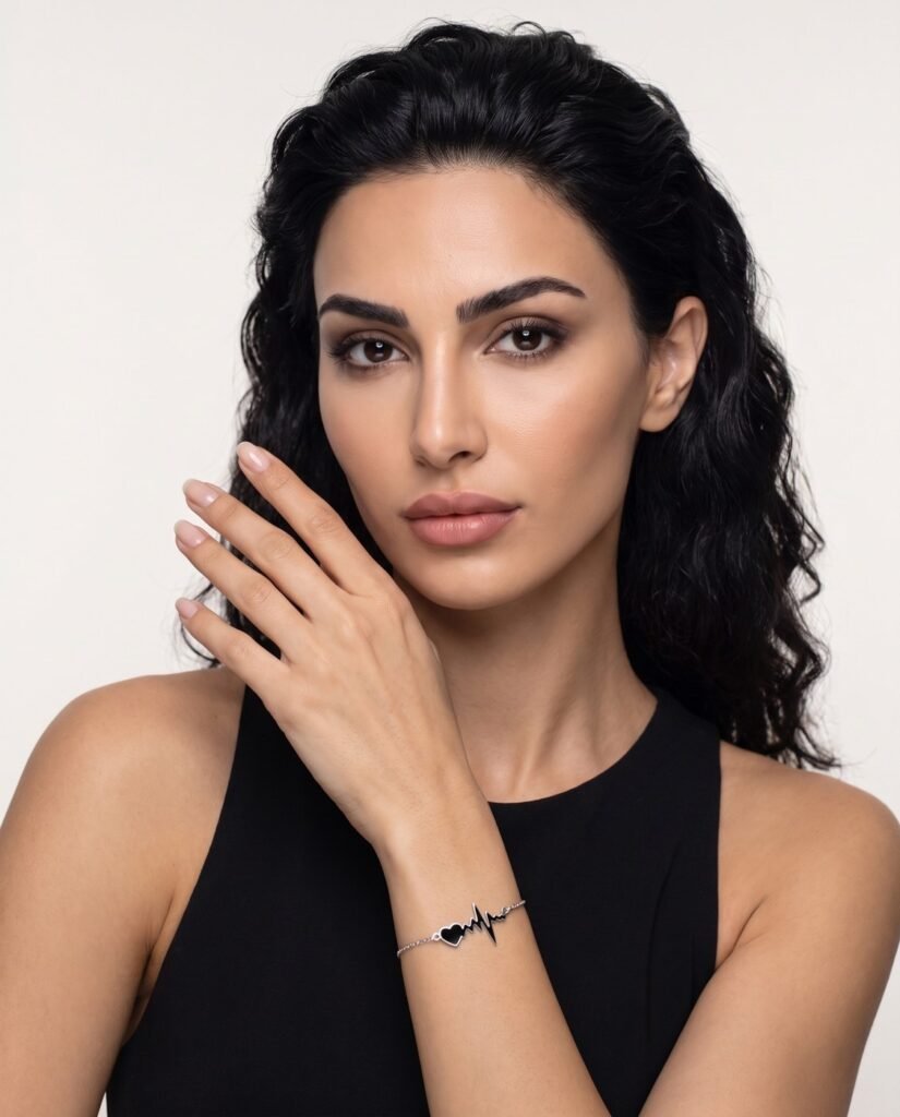 Model wearing Heartbeat Bracelet in silver