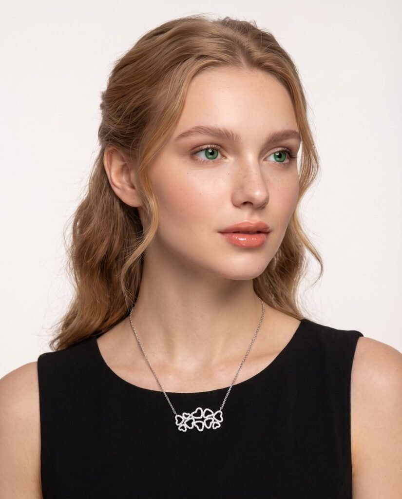 Model wearing Interlocking Swirl Necklace in silver