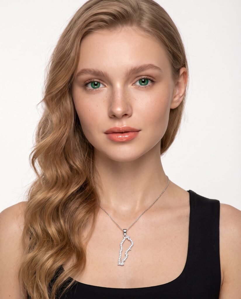 Model wearing Lebanon Map Pendant in silver
