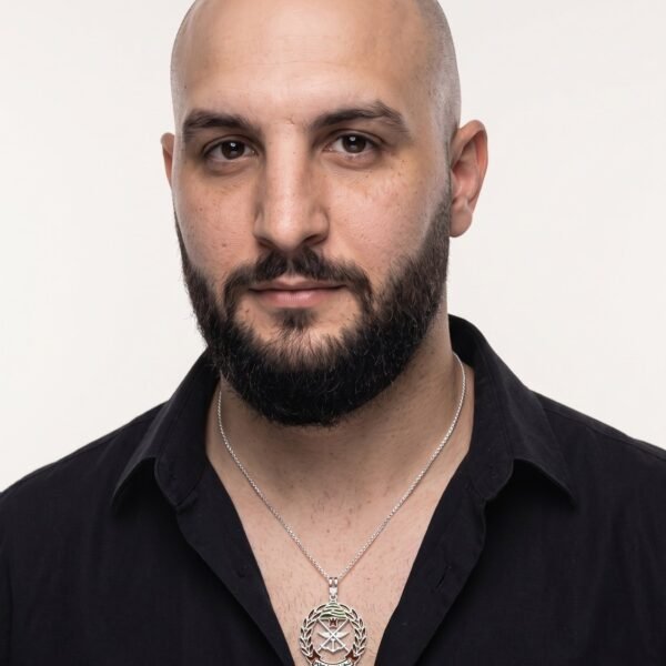 Model wearing Cedar Guardian Army Pendant in silver