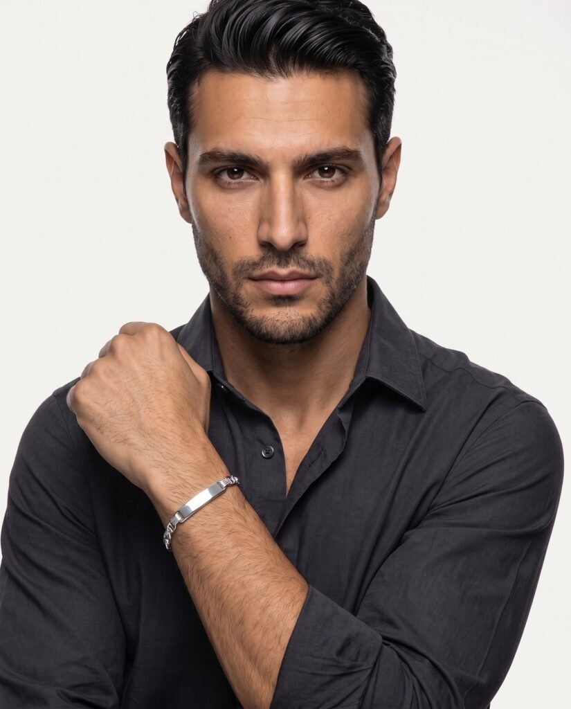 Model wearing Mariner ID Bracelet in silver