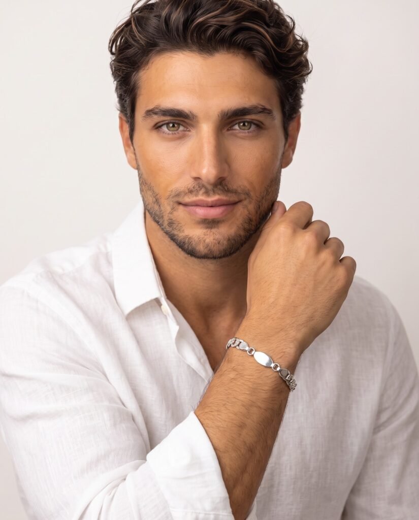 Model wearing Mariner Link ID Bracelet in silver