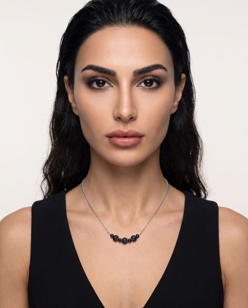 Model wearing Onyx Bead Necklace in silver