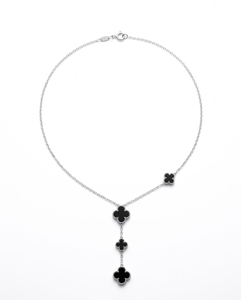 Onyx Clover Drop Necklace in 925 sterling silver