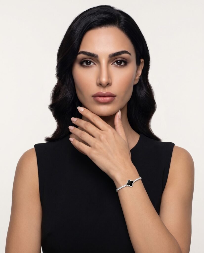 Model wearing Onyx Clover Tennis Bracelet in silver