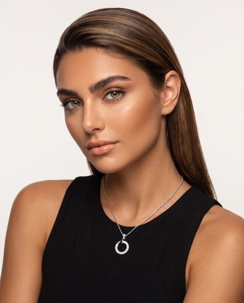 Model wearing Open Circle Necklace in silver
