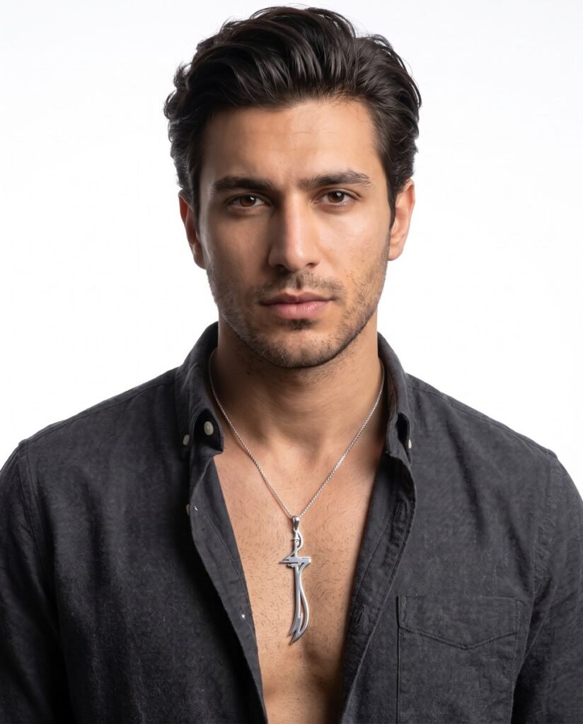 Model wearing Openwork Zulfiqar Pendant in silver