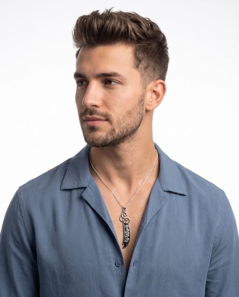 Model wearing Ornate Zulfiqar Sword Pendant in silver