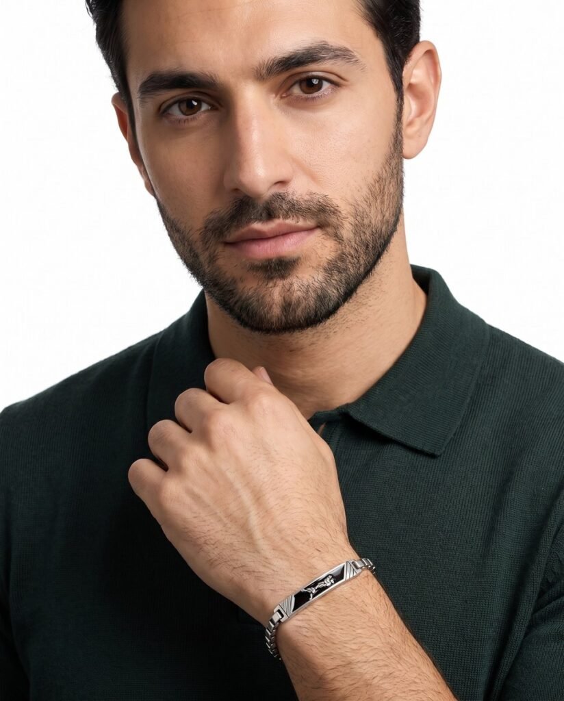 Model wearing Panther Onyx ID Bracelet in silver