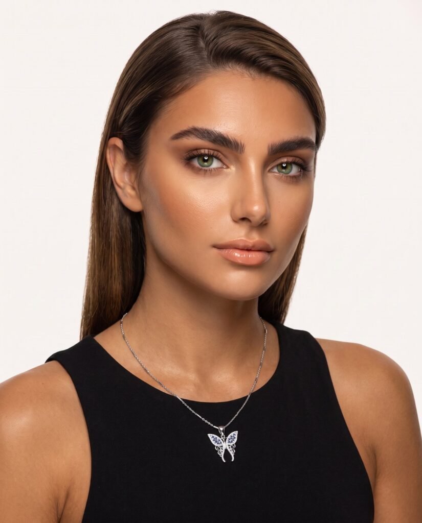 Model wearing Pavé Butterfly Necklace in silver