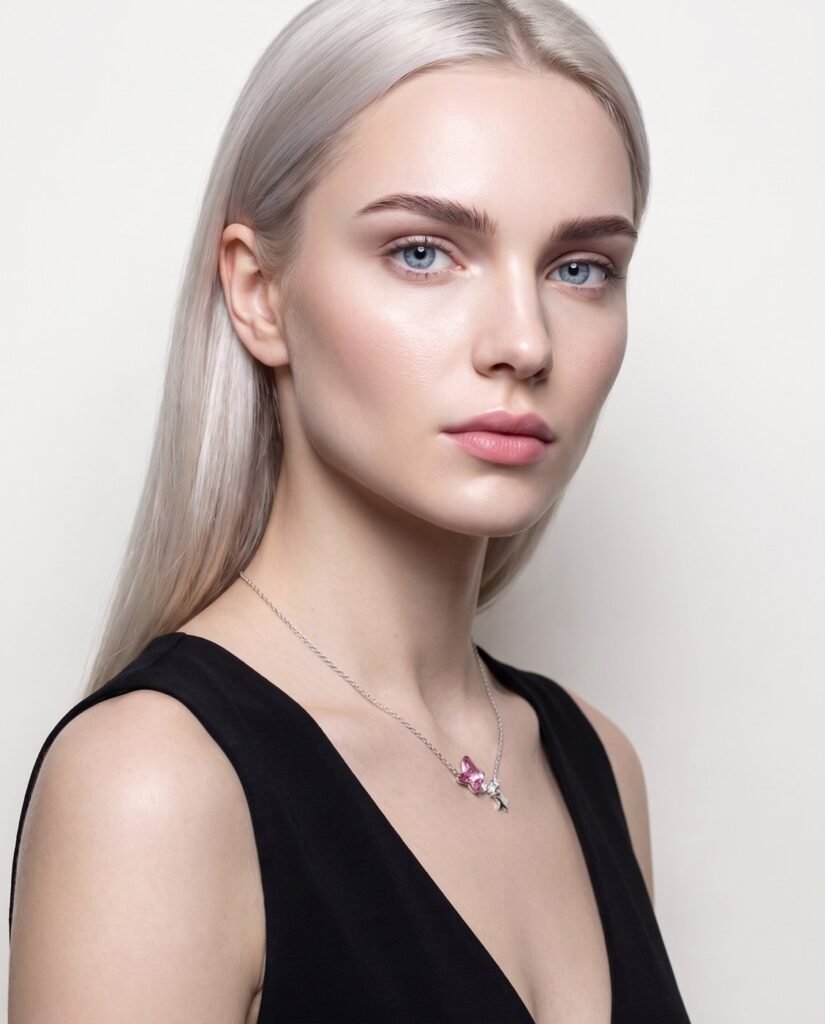Model wearing Pink Charm Necklace in silver