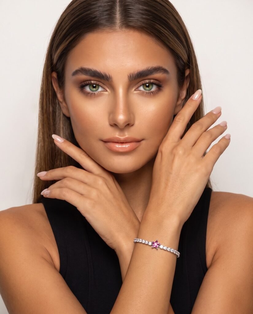 Model wearing Pink Tennis Bracelet in silver