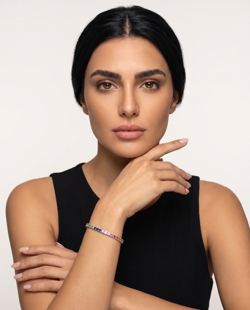 Model wearing Rainbow Tennis Bracelet in silver