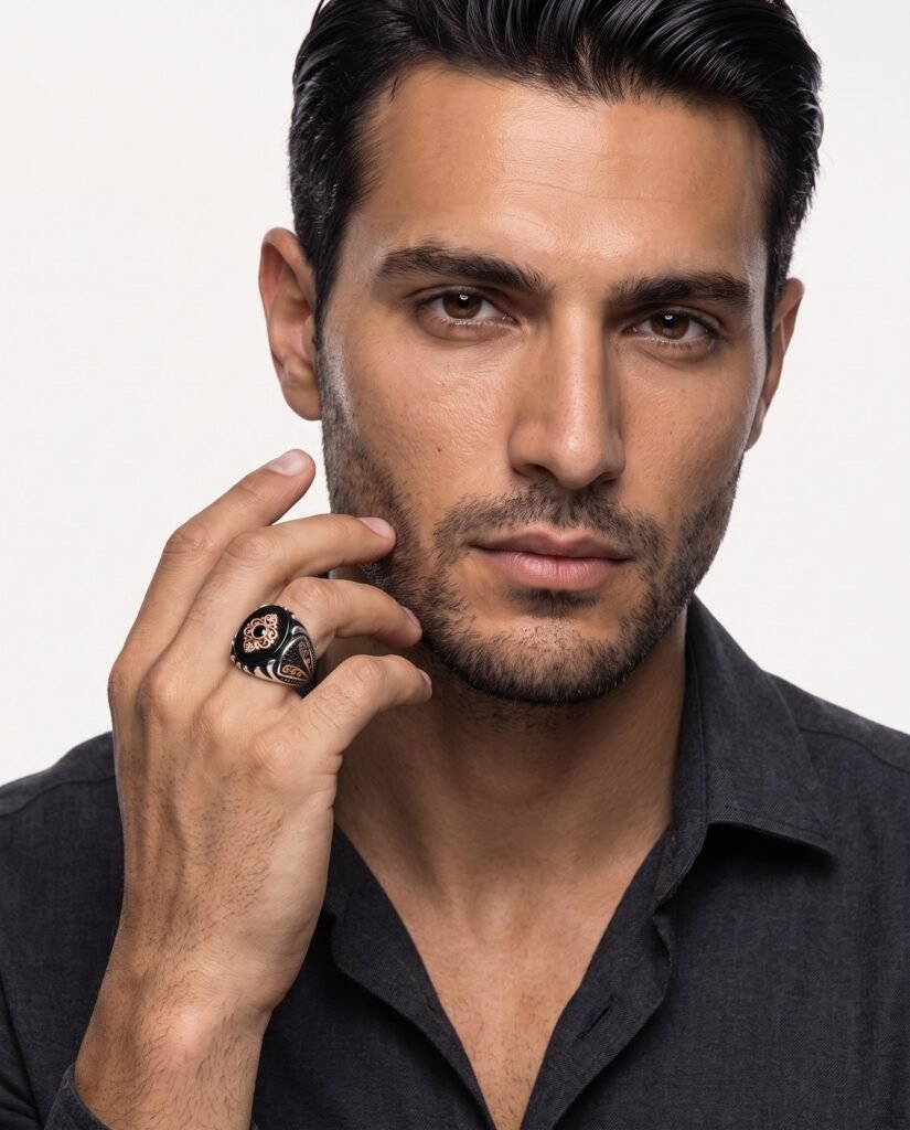 Model wearing Regal Onyx Signet Ring in silver