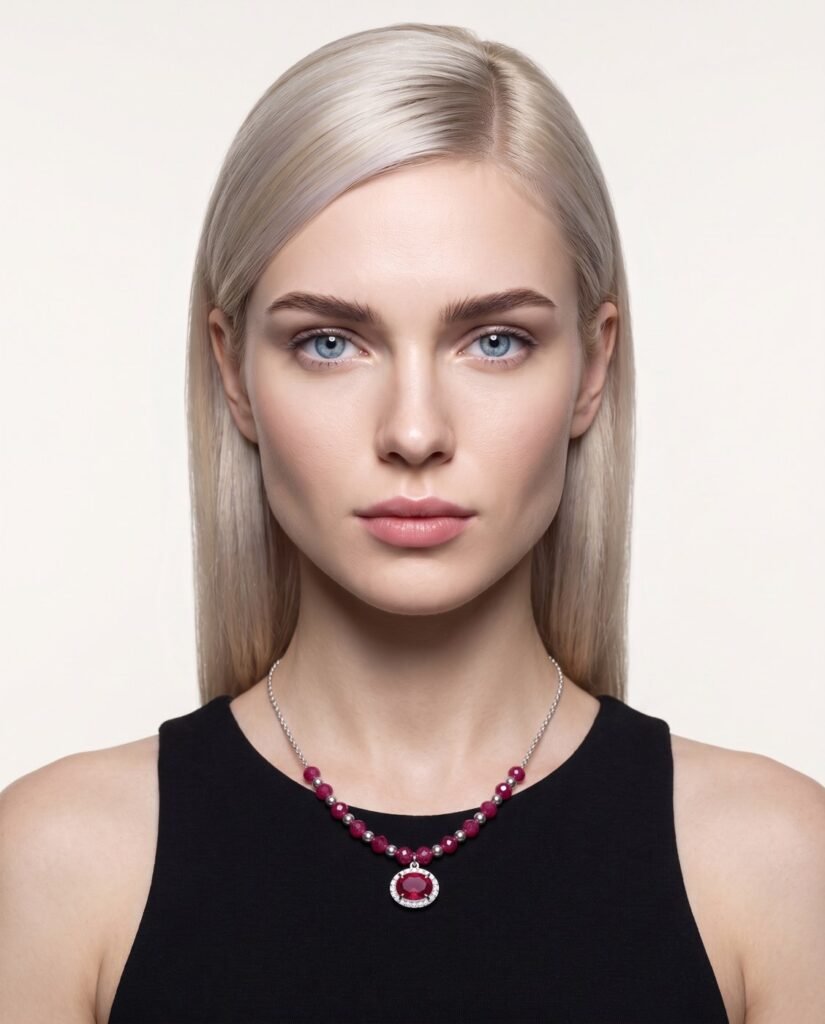 Model wearing Ruby Statement Necklace in silver