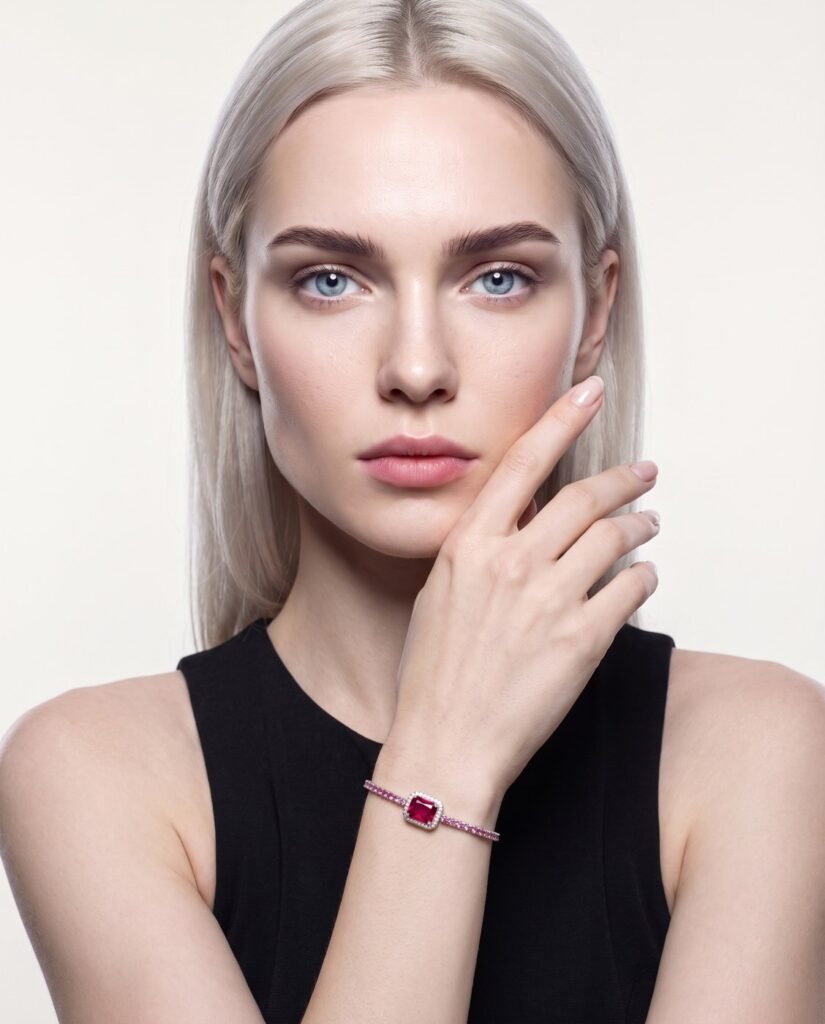 Model wearing Ruby Tennis Bracelet in silver