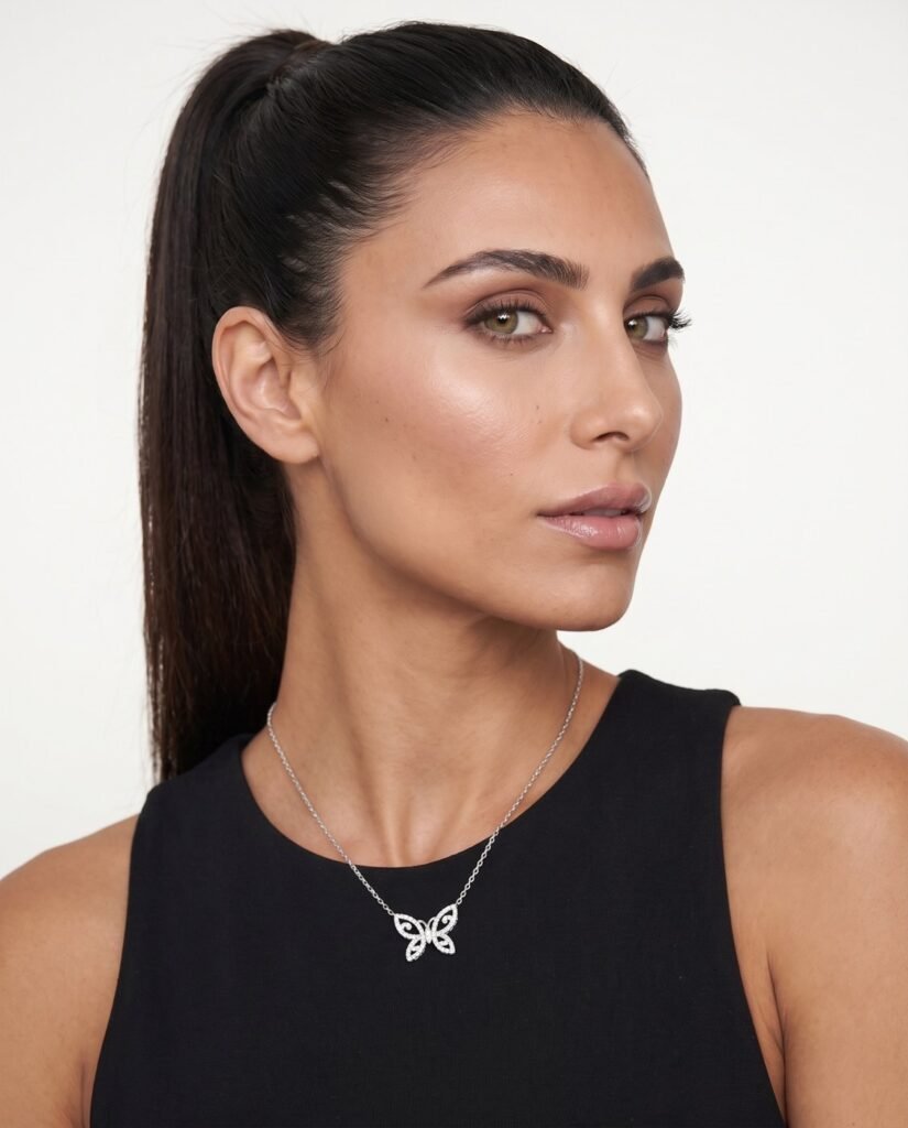 Model wearing Open Butterfly Necklace in silver
