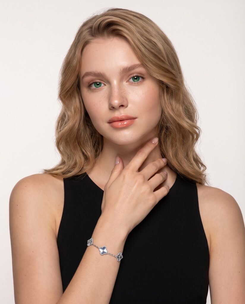 Model wearing Twin Clover Bracelet in silver