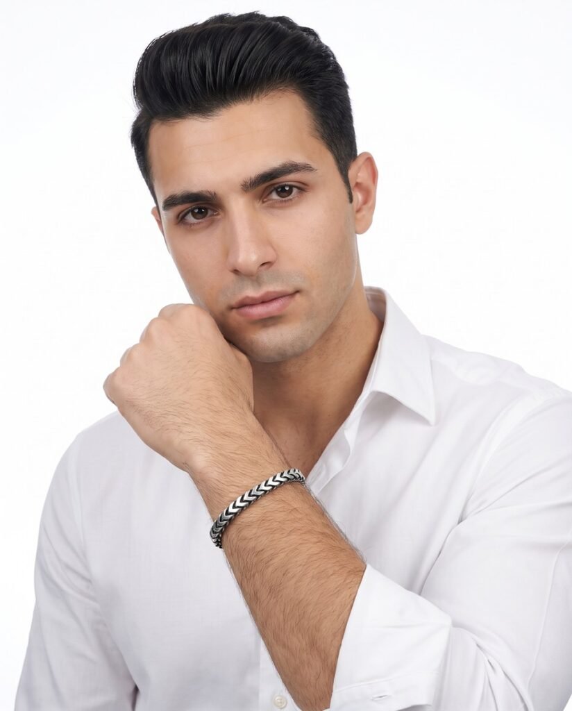 Model wearing Wheat Chain Bracelet in silver